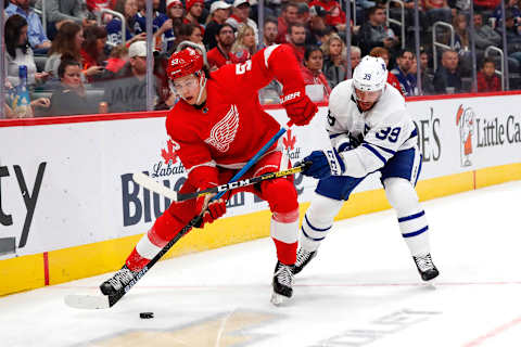 Sep 27, 2019; Detroit, MI, USA; Detroit Red Wings defenseman Moritz Seider (53) and Toronto Maple Leafs left wing Rich Clune (39) . Mandatory Credit: Rick Osentoski-USA TODAY Sports