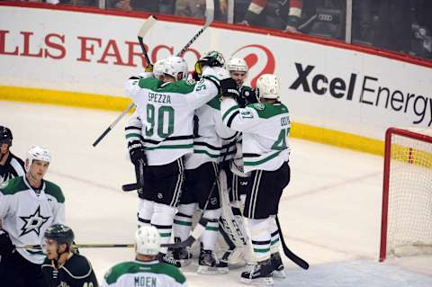 Apr 24, 2016; Saint Paul, MN, USA; Dallas Stars forward Jason Spezza (90) celebrates the 5-4 win over the Minnesota Wild in game six of the first round of the 2016 Stanley Cup Playoffs at Xcel Energy Center. Mandatory Credit: Marilyn Indahl-USA TODAY Sports