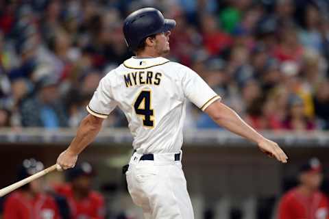 Jun 18, 2016; San Diego, CA, USA; San Diego Padres first baseman Wil Myers (4) doubles during the third inning against the Washington Nationals at Petco Park. Mandatory Credit: Jake Roth-USA TODAY Sports