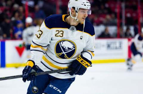 OTTAWA, ON – NOVEMBER 01: Buffalo Sabres Right Wing Sam Reinhart (23) during warm-up before National Hockey League action between the Buffalo Sabres and Ottawa Senators on November 1, 2018, at Canadian Tire Centre in Ottawa, ON, Canada. (Photo by Richard A. Whittaker/Icon Sportswire via Getty Images)