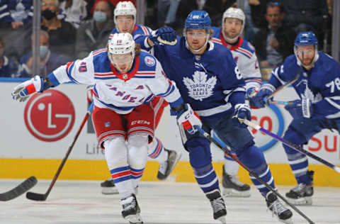 TORONTO, ON – OCTOBER 18: Artemi Panarin #10 of the New York Rangers skates against William Nylander #88 of the Toronto Maple Leafs at Scotiabank Arena on October 18, 2021 in Toronto, Ontario, Canada. (Photo by Claus Andersen/Getty Images)