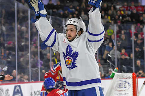 LAVAL, QC, CANADA – MARCH 6: Jeremy Bracco #27 of the Toronto Marlies scores a goal against the Laval Rocket at Place Bell on March 6, 2019 in Laval, Quebec. (Photo by Stephane Dube /Getty Images)