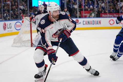 Feb 11, 2023; Toronto, Ontario, CAN; Columbus Blue Jackets defenseman Erik Gudbranson (44) looks to make a play against the Toronto Maple Leafs during the third period at Scotiabank Arena. Mandatory Credit: John E. Sokolowski-USA TODAY Sports