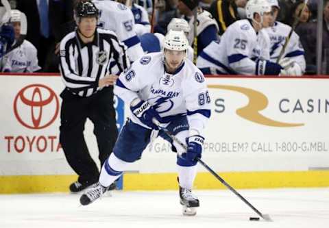 Feb 20, 2016; Pittsburgh, PA, USA; Tampa Bay Lightning right wing Nikita Kucherov (86) carries the puck against the Pittsburgh Penguins during the third period at the CONSOL Energy Center. Tampa Bay won 4-2. Mandatory Credit: Charles LeClaire-USA TODAY Sports