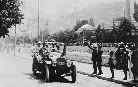 Archduke Franz Ferdinand and his wife Sophia riding in their car, minutes before their assassination