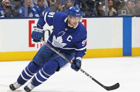 TORONTO, ON – DECEMBER 4: John Tavares #91 of the Toronto Maple Leafs skates against the Colorado Avalanche during an NHL game at Scotiabank Arena on December 4, 2019 in Toronto, Ontario, Canada. The Avalanche defeated the Maple Leafs 3-1. (Photo by Claus Andersen/Getty Images)