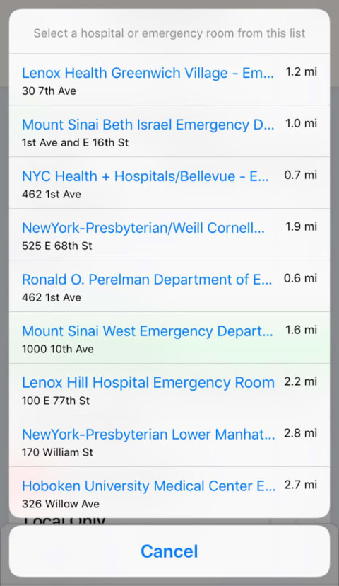 A list of New York City-area hospitals generated by Find Closest ER in Manhattan