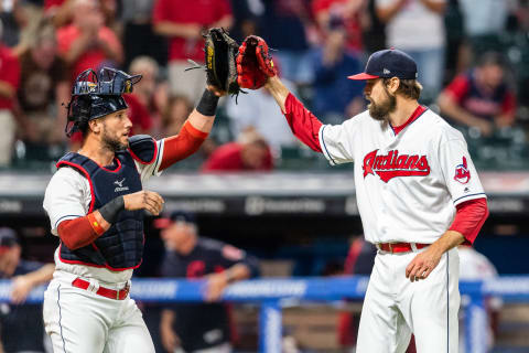 CLEVELAND, OH – SEPTEMBER 18: Catcher Yan Gomes #7 celebrates with closing pitcher Andrew Miller #24 of the Cleveland Indians after the Indians defeated the Chicago White Sox at Progressive Field on September 18, 2018 in Cleveland, Ohio. The Indians defeated the White Sox 5-3. (Photo by Jason Miller/Getty Images)