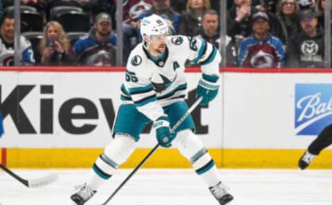 DENVER, COLORADO – MARCH 7: Erik Karlsson #65 of the San Jose Sharks skates against the Colorado Avalanche in a game at Ball Arena on March 7, 2023 in Denver, Colorado. (Photo by Dustin Bradford/Getty Images)