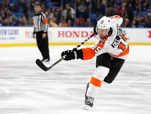 Mar 7, 2017; Buffalo, NY, USA; Philadelphia Flyers defenseman Michael Del Zotto (15) during the game against the Buffalo Sabres at KeyBank Center. Mandatory Credit: Kevin Hoffman-USA TODAY Sports