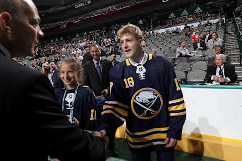 DALLAS, TX – JUNE 23: Matej Pekar reacts after being selected 94th overall by the Buffalo Sabres during the 2018 NHL Draft at American Airlines Center on June 23, 2018 in Dallas, Texas. (Photo by Bruce Bennett/Getty Images)