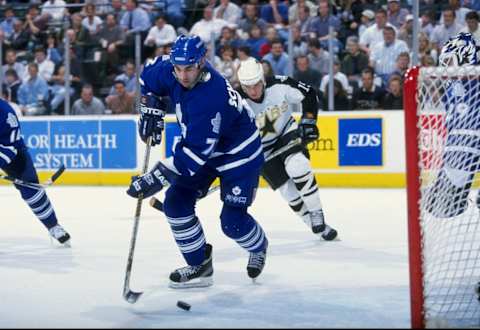 26 Mar 1998: Defenseman Mathieu Schneider of the Toronto Maple Leafs in action during a game against the Dallas Stars at Reunion Arena in Dallas, Texas. The Maple Leafs defeated the Stars 1-0. Mandatory Credit: Stephen Dunn /Allsport