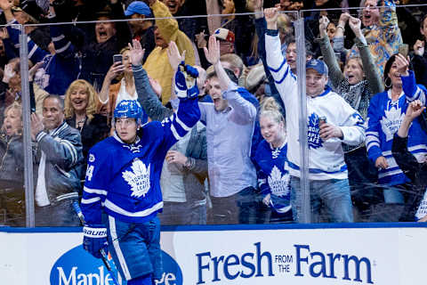 TORONTO, ON - APRIL 8 - Auston Matthews of the Toronto Maple Leafs (34) celebrates his empty net goal during the 3rd period of NHL action as the Toronto Maple Leafs defeat the Pittsburgh Penguins at the Air Canada Centre 5-3 on April 8, 2017. (Carlos Osorio/Toronto Star via Getty Images)