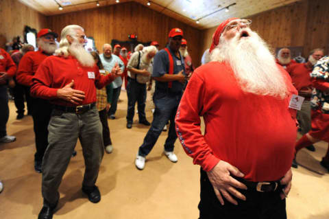 Santas practice their Ho-Ho-Hos