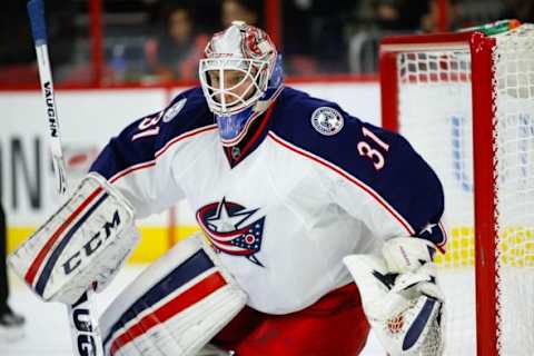 Jan 8, 2016; Raleigh, NC, USA; Columbus Blue Jackets goalie Anton Forsberg (31) watches the play against the Carolina Hurricanes at PNC Arena. The Carolina Hurricanes defeated the Columbus Blue Jackets 4-1. Mandatory Credit: James Guillory-USA TODAY Sports