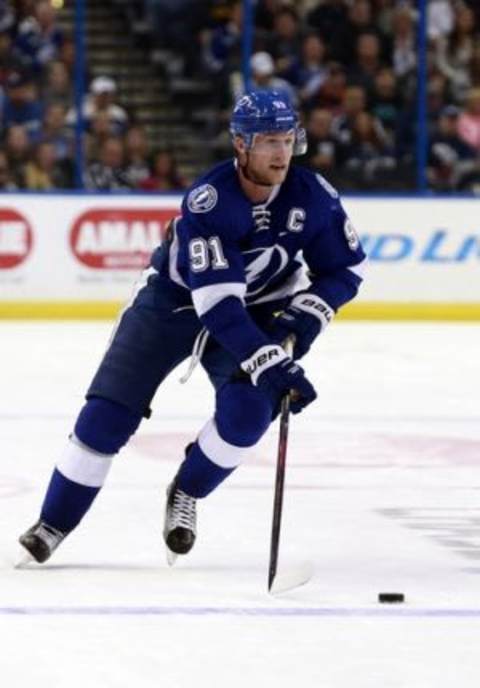 Feb 5, 2016; Tampa, FL, USA; Tampa Bay Lightning center Steven Stamkos (91) skates with the puck against the Pittsburgh Penguins during the third period at Amalie Arena. Tampa Bay defeated Pittsburgh 6-3. Mandatory Credit: Kim Klement-USA TODAY Sports