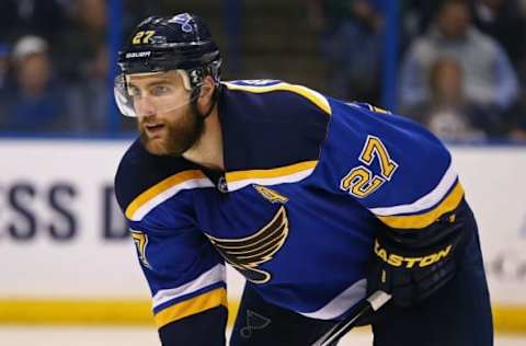 May 17, 2016; St. Louis, MO, USA; St. Louis Blues defenseman Alex Pietrangelo (27) against the San Jose Sharks in game two of the Western Conference Final of the 2016 Stanley Cup Playoff at Scottrade Center. The Sharks won 4-0. Mandatory Credit: Aaron Doster-USA TODAY Sports