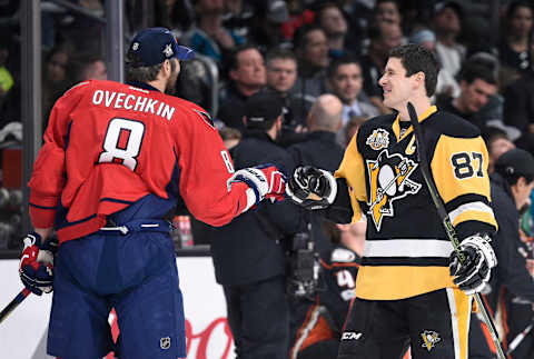 Jan 28, 2017; Los Angeles, CA, USA; Washington Capitals forward Alex Ovechkin (8) greets Pittsburgh Penguins forward Sidney Crosby (87) during the skills challenge relay during the 2017 NHL All Star Game skills competition at Staples Center. Mandatory Credit: Kelvin Kuo-USA TODAY Sports