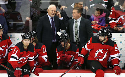 Lindy Ruff and Mark Recchi of the New Jersey Devils. (Photo by Bruce Bennett/Getty Images)