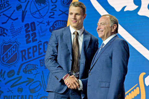 Jul 7, 2022; Montreal, Quebec, CANADA; Jiri Kulich shakes hands with NHL commissioner Gary Bettman after being selected as the number twenty-eight overall pick to the Buffalo Sabres in the first round of the 2022 NHL Draft at Bell Centre. Mandatory Credit: Eric Bolte-USA TODAY Sports