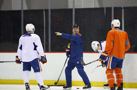 NEWARK, NJ - JANUARY 07: Assistant coach Jay Woodcroft of the Edmonton Oilers takes part in the morning skate at Prudential Center on January 7, 2017 in Newark, New Jersey. (Photo by Bruce Bennett/Getty Images)