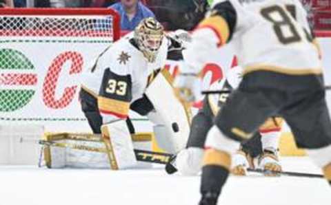 MONTREAL, CANADA – NOVEMBER 16: Adin Hill #33 of the Vegas Golden Knights watches the puck as he tends the net during the third period against the Montreal Canadiens at the Bell Centre on November 16, 2023 in Montreal, Quebec, Canada. The Vegas Golden Knights defeated the Montreal Canadiens 6-5. (Photo by Minas Panagiotakis/Getty Images)