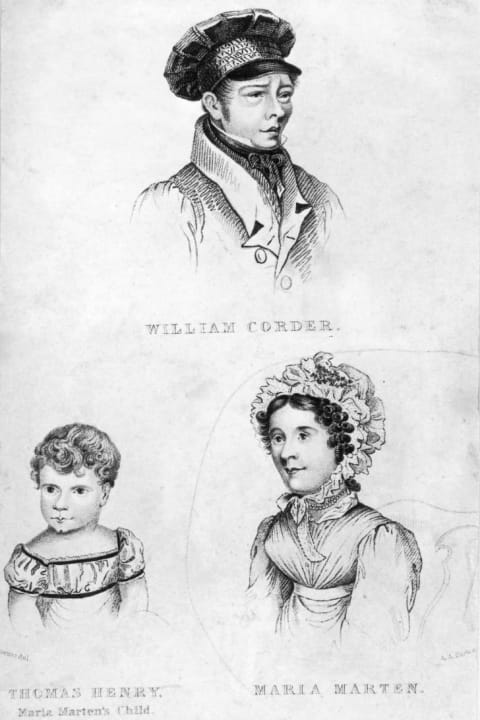 William Corder, his lover Maria Marten, and Marten's son Thomas Henry Marten, circa 1827