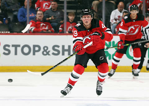 Fabian Zetterlund #49 of the New Jersey Devils. (Photo by Bruce Bennett/Getty Images)