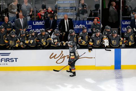 LAS VEGAS, NV – OCTOBER 12: Vegas Golden Knights center Paul Stastny (26) skates to the bench after scoring a goal during the second period of a regular season game between the Calgary Flames and the Vegas Golden Knights Saturday, Oct. 12, 2019, at T-Mobile Arena in Las Vegas, Nevada. (Photo by: Marc Sanchez/Icon Sportswire via Getty Images)