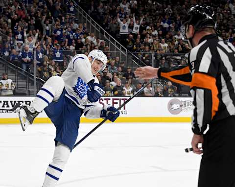 LAS VEGAS, NEVADA – NOVEMBER 19: Ilya Mikheyev #65 of the Toronto Maple Leafs . (Photo by Ethan Miller/Getty Images).