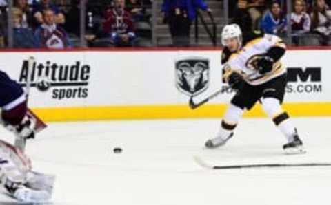 Nov 13, 2016; Denver, CO, USA; Boston Bruins center David Krejci (46) scores on a shot on goal in the first period against the Colorado Avalanche at Pepsi Center. Mandatory Credit: Ron Chenoy-USA TODAY Sports