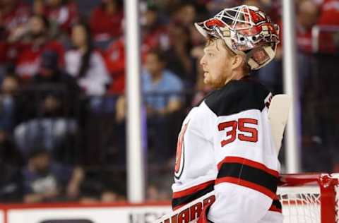 Feb 20, 2016; Washington, DC, USA; New Jersey Devils goalie Cory Schneider (35) stands on the ice during a stoppage in play against the Washington Capitals at Verizon Center. Mandatory Credit: Geoff Burke-USA TODAY Sports