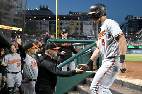 WASHINGTON, DC – APRIL 18: Ryan Mountcastle #6 of the Baltimore Orioles celebrates with teammates after scoring in the fourth inning against the Washington Nationals at Nationals Park on April 18, 2023 in Washington, DC. (Photo by Greg Fiume/Getty Images)