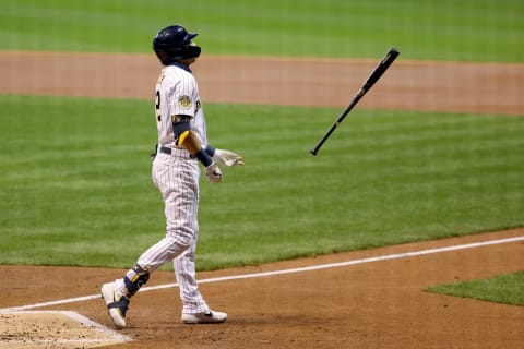 MILWAUKEE, WISCONSIN – SEPTEMBER 14: Christian Yelich of the Milwaukee Brewers reacts after striking out. (Photo by Dylan Buell/Getty Images)