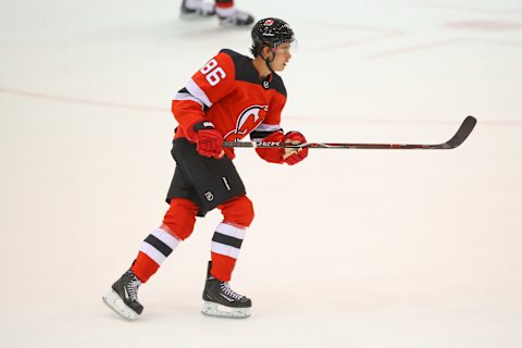 NEWARK, NJ – JULY 14: New Jersey Devils forward Jack Hughes (86) Skates during the New Jersey Devils Development Camp Red and White Scrimmage on July13, 2019 at the Prudential Center in Newark, NJ. (Photo by Rich Graessle/Icon Sportswire via Getty Images)