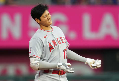 Jul 25, 2022; Kansas City, Missouri, USA; Los Angeles Angels designated hitter Shohei Ohtani (17) reacts after hitting a double against the Kansas City Royals during the third inning at Kauffman Stadium. Mandatory Credit: Jay Biggerstaff-USA TODAY Sports