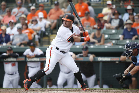 SARASOTA, FL – FEBRUARY 23: DJ Stewwart #80 of the Baltimore Orioles bats during a Grapefruit League spring training game against the Tampa Bay Rays at Ed Smith Stadium on February 23, 2018 in Sarasota, Florida. The Rays won 6-3. (Photo by Joe Robbbins/Getty Images)