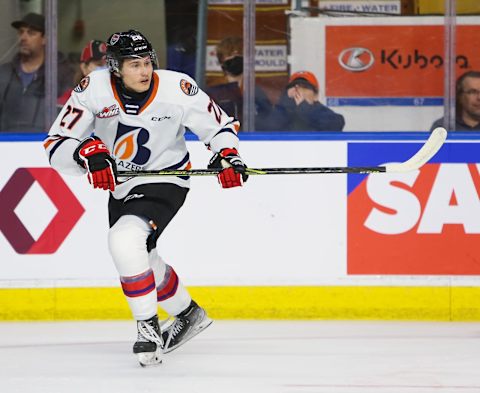 KITCHENER, ONTARIO – MARCH 23: Mats Lindgren #26 of Team White skates against Team Red in the 2022 CHL/NHL Top Prospects Game at Kitchener Memorial Auditorium on March 23, 2022 in Kitchener, Ontario. (Photo by Chris Tanouye/Getty Images)