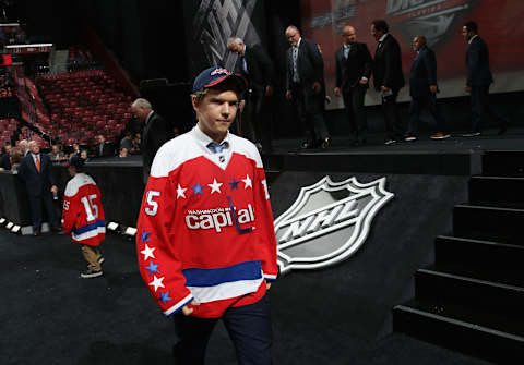 SUNRISE, FL – JUNE 26: Ilya Samsonov leaves the stage after being selected 22nd by the Washington Capitals during Round One of the 2015 NHL Draft at BB&T Center on June 26, 2015 in Sunrise, Florida. (Photo by Dave Sandford/NHLI via Getty Images)