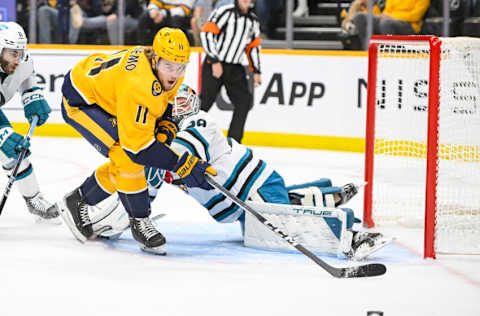 San Jose Sharks goaltender Mackenzie Blackwood (29) blocks the shot of Nashville Predators left wing Samuel Fagemo (11) during the first period at Bridgestone Arena. Mandatory Credit: Steve Roberts-USA TODAY Sports