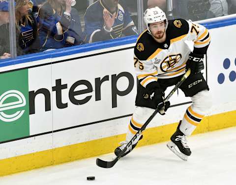 ST. LOUIS, MO – JUN 01: Boston Bruins defenseman Charlie McAvoy (73) with the puck during Game 3 of the Stanley Cup Final between the Boston Bruins and the St. Louis Blues, on June 01, 2019, at Enterprise Center, St. Louis, Mo. (Photo by Keith Gillett/Icon Sportswire via Getty Images)