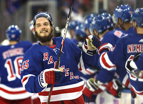 NEW YORK, NEW YORK – NOVEMBER 21: Ryan Lindgren #55 of the New York Rangers celebrates his game winning goal against the Buffalo Sabres at Madison Square Garden on November 21, 2021 in New York City. The New York Rangers defeated the Buffalo Sabres 5-4. (Photo by Elsa/Getty Images)