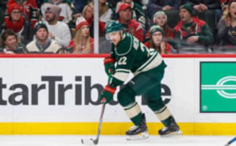 Dec 31, 2016; Saint Paul, MN, USA; Minnesota Wild forward Nino Niederreiter (22) skates with the puck in the second period against the Columbus Blue Jackets at Xcel Energy Center. Mandatory Credit: Brad Rempel-USA TODAY Sports