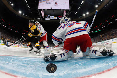 Apr 23, 2022; Boston, Massachusetts, USA; Boston Bruins left wing Taylor Hall (71) scores on New York Rangers goaltender Igor Shesterkin (31) during the second period at TD Garden. Mandatory Credit: Winslow Townson-USA TODAY Sports