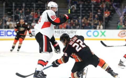 ANAHEIM, CALIFORNIA – MARCH 10: Ron Hainsey #81 of the Ottawa Senators battles Sonny Milano #22 of the Anaheim Ducks for a loose puck during the first period of a game at Honda Center on March 10, 2020 in Anaheim, California. (Photo by Sean M. Haffey/Getty Images)