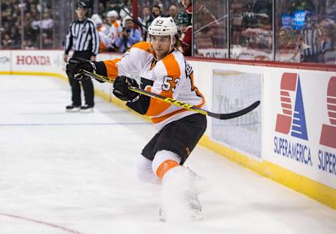 Jan 7, 2016; Saint Paul, MN, USA; Philadelphia Flyers defenseman Shayne Gostisbehere (53) against the Minnesota Wild at Xcel Energy Center. The Flyers defeated the Wild 4-3 in overtime. Mandatory Credit: Brace Hemmelgarn-USA TODAY Sports