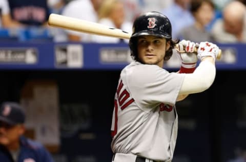 Aug 22, 2016; St. Petersburg, FL, USA; Boston Red Sox left fielder Andrew Benintendi (40) on deck to bat against the Tampa Bay Rays during the fourth inning against the Tampa Bay Rays at Tropicana Field. Mandatory Credit: Kim Klement-USA TODAY Sports