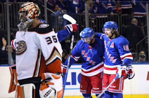 NEW YORK, NEW YORK – OCTOBER 17: (L-R) Vincent Trocheck #16 and Artemi Panarin #10 of the New York Rangers celebrate Panarin’s second-period goal against John Gibson #36 of the Anaheim Ducks at Madison Square Garden on October 17, 2022, in New York City. (Photo by Bruce Bennett/Getty Images)