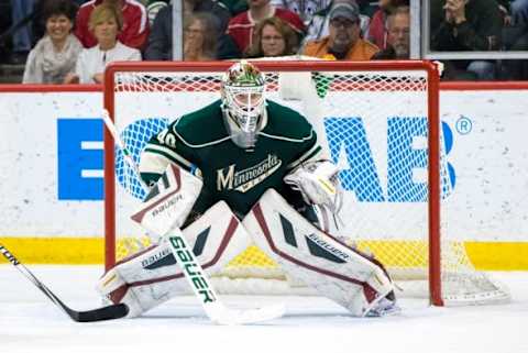 Mar 28, 2015; Saint Paul, MN, USA; Minnesota Wild goalie Devan Dubnyk (40) in the second period against the Los Angeles Kings at Xcel Energy Center. The Minnesota Wild beat the Los Angeles Kings 4-1. Mandatory Credit: Brad Rempel-USA TODAY Sports