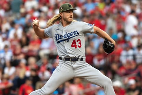 May 20, 2023; St. Louis, Missouri, USA; Los Angeles Dodgers starting pitcher Noah Syndergaard (43) delivers a pitch in the fourth inning at Busch Stadium. Mandatory Credit: Paul Halfacre-USA TODAY Sports